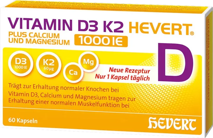德国Hevert菲德维生素D3+K2钙镁同补1000IU强健肌肉骨骼片60片产品图