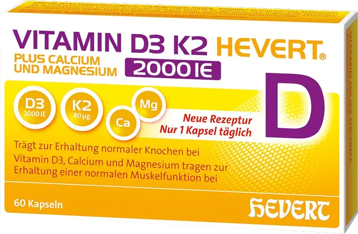 德国Hevert菲德维生素D3+K2钙镁同补2000IU强健肌肉骨骼片60片产品图