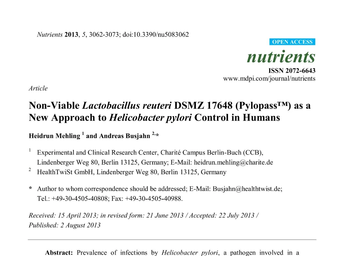 2013年Nutrients研究论文首页